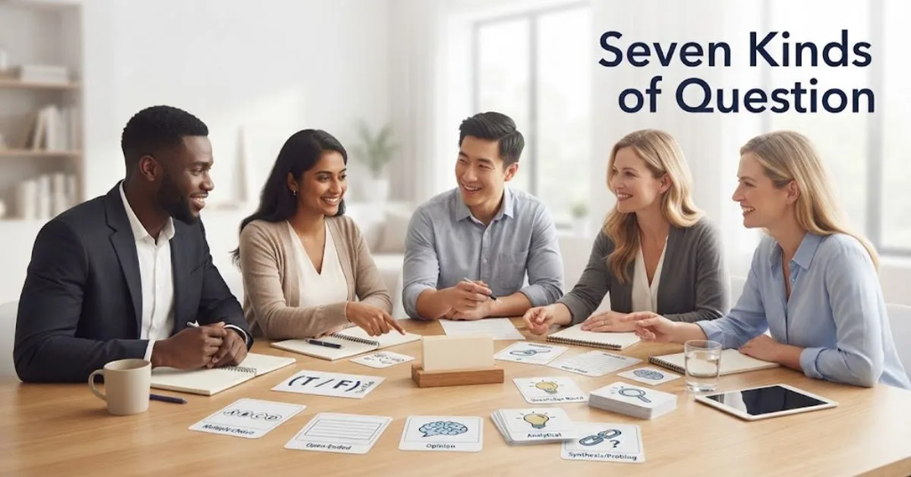 A diverse group of five professionals sit around a conference table, actively discussing and pointing to various question cards labeled with categories like "Multiple Choice," "True/False," and "Synthesis/Probing," while the text "Seven Kinds of Question" is visible in the upper right corner.
