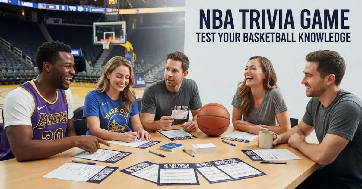 A diverse group of five friends sits around a wooden table in a brightly lit room overlooking a basketball arena, actively engaged in an NBA trivia game. They are laughing and interacting, with game cards, answer sheets, pens, and a basketball spread across the table, and the text 'NBA TRIVIA GAME TEST YOUR BASKETBALL KNOWLEDGE' visible in the upper right corner.